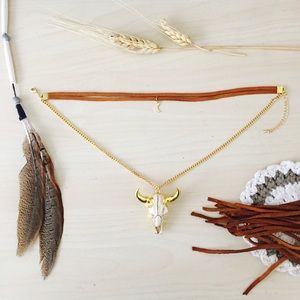 24K Gold Moon Cow Skull Choker Necklace